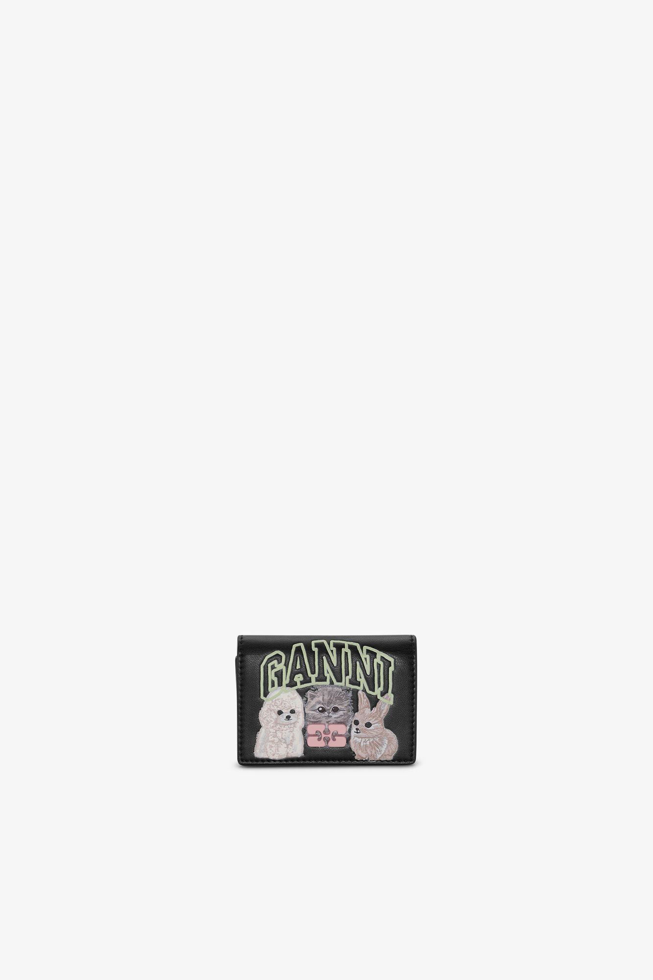 Bou Card Holder in Black With Flap and Animals, Recycled Leather, in colour Black - 1 - GANNI