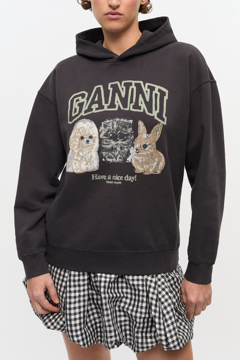 Black Animal Print Hoodie, Organic Cotton, in colour Phantom - 1 - GANNI