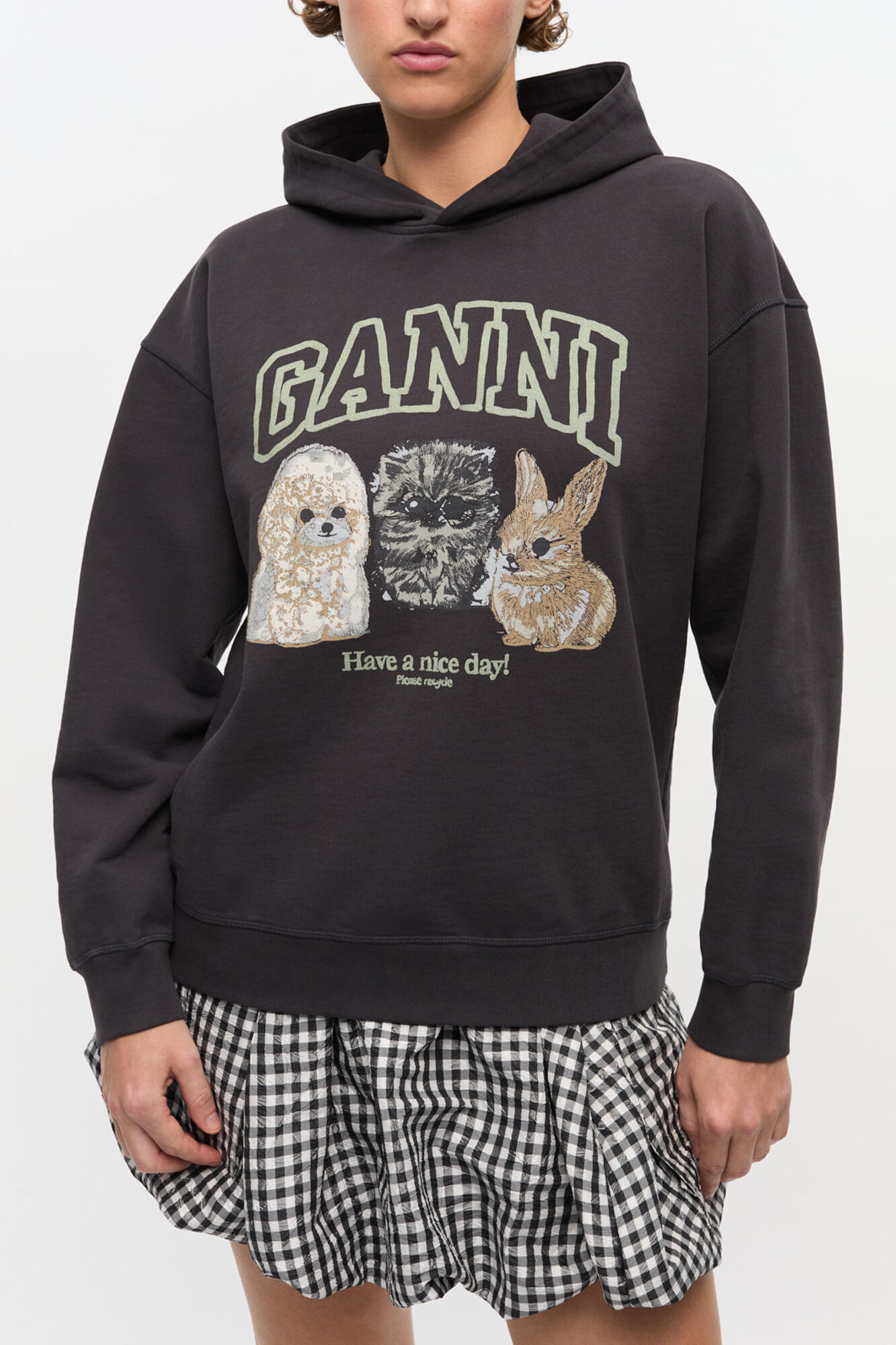 Black Animal Print Hoodie, Organic Cotton, in colour Phantom - 1 - GANNI