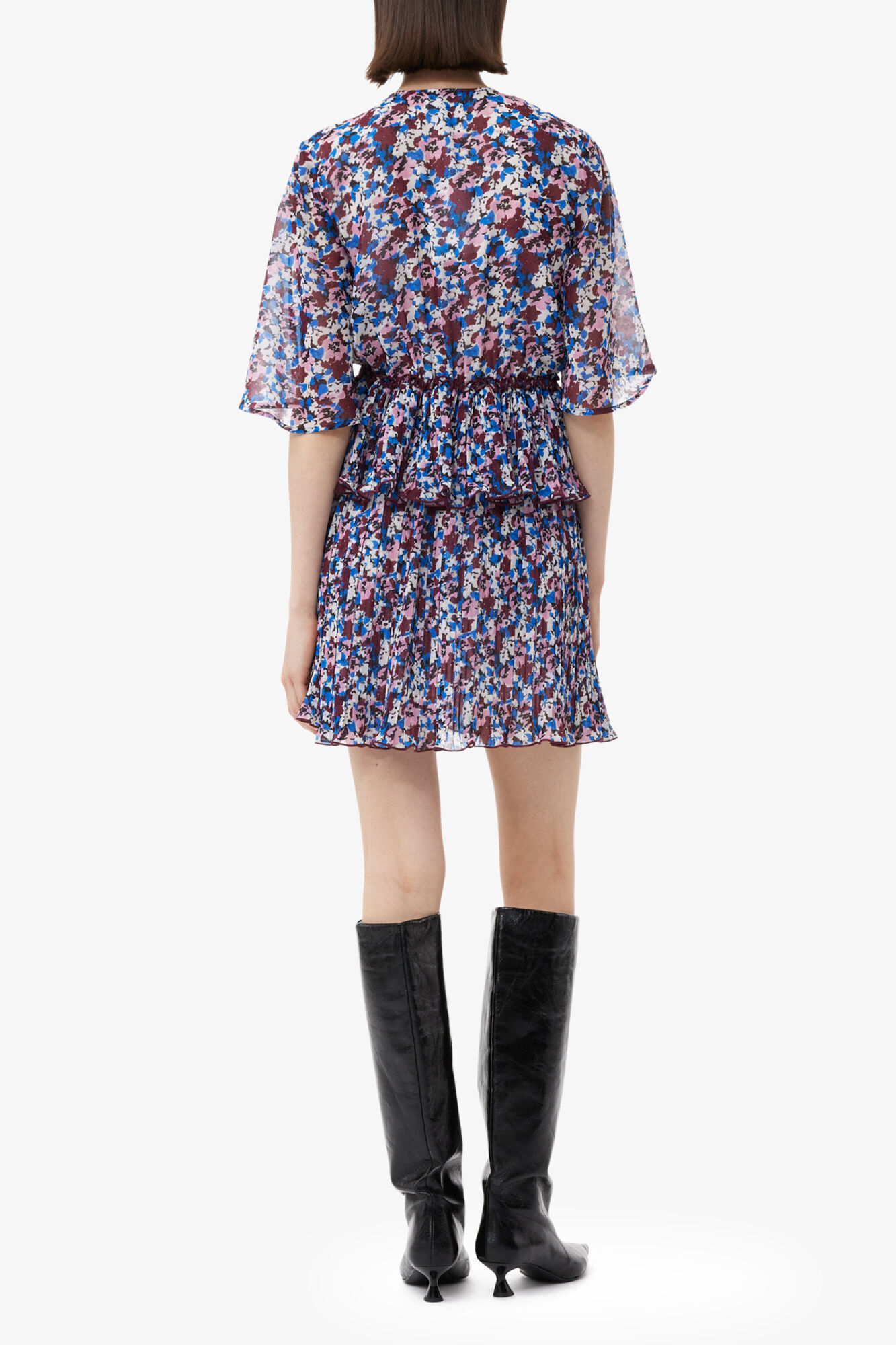 Multicolour Pleated Georgette V-neck Flounce Mini Dress, Recycled Polyester, in colour Multicolour - 2 - GANNI