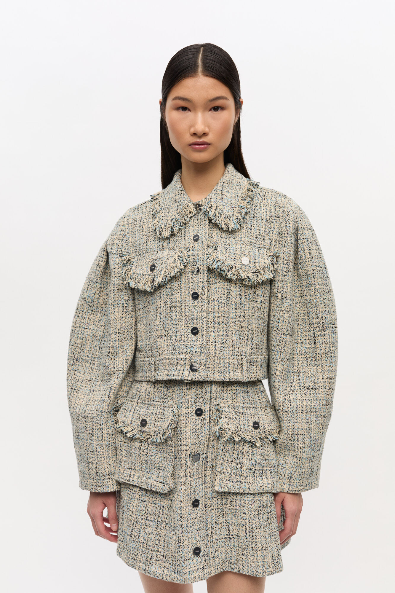 Short Tweed Jacket, Cotton, in colour Alaskan Blue - 1 - GANNI