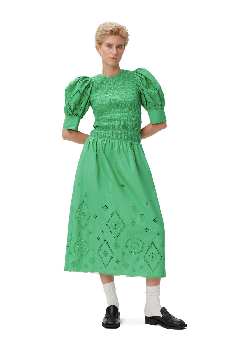 Broderie Anglaise Midi Dress, Cotton, in colour Kelly Green - 1 - GANNI