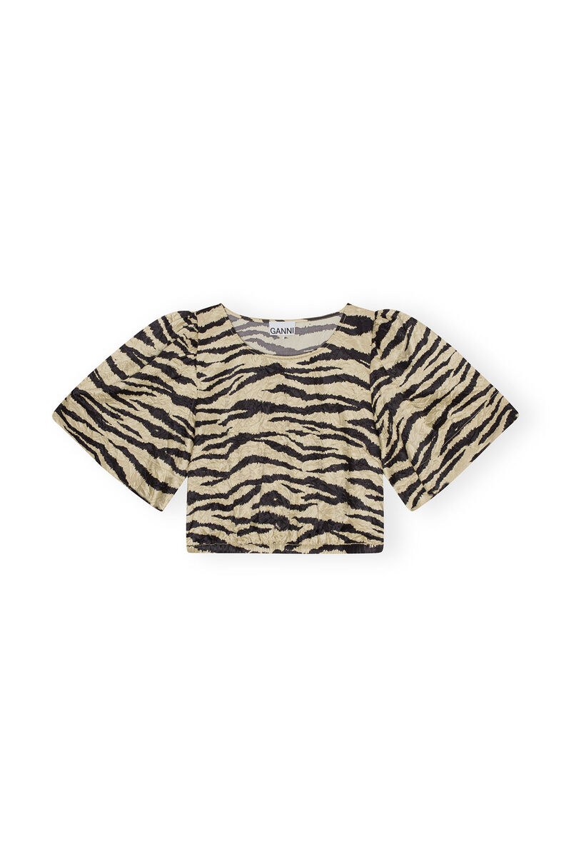 Blus i krusad satin, Elastane, in colour Pale Khaki - 1 - GANNI