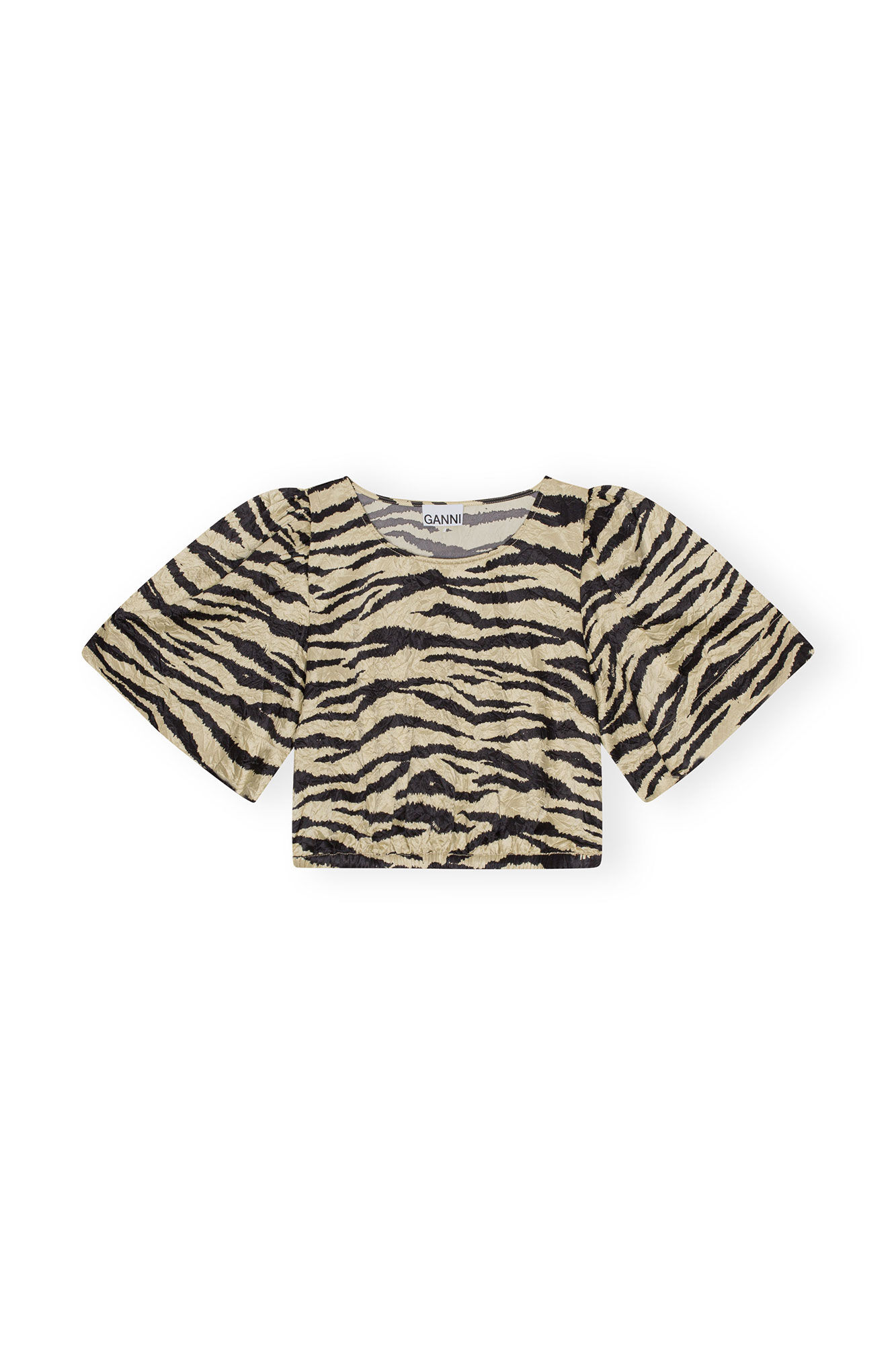 Blus i krusad satin, Elastane, in colour Pale Khaki - 1 - GANNI