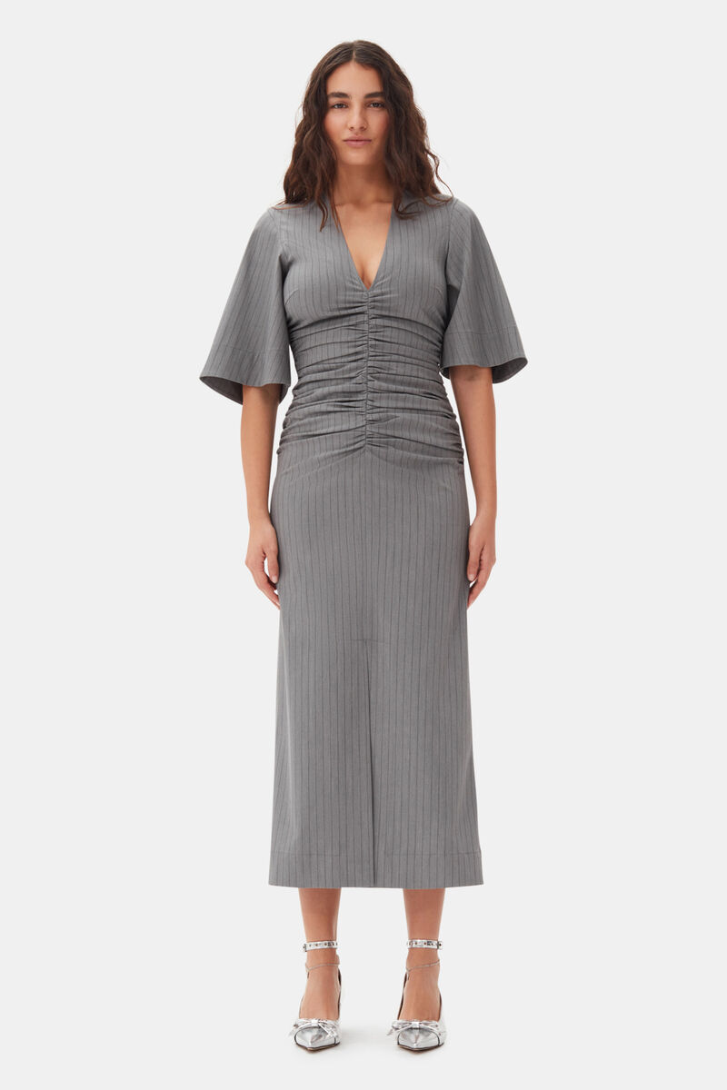 Grey Striped Suiting V-neck Fitted Dress, Elastane, in colour Mirage Gray - 1 - GANNI