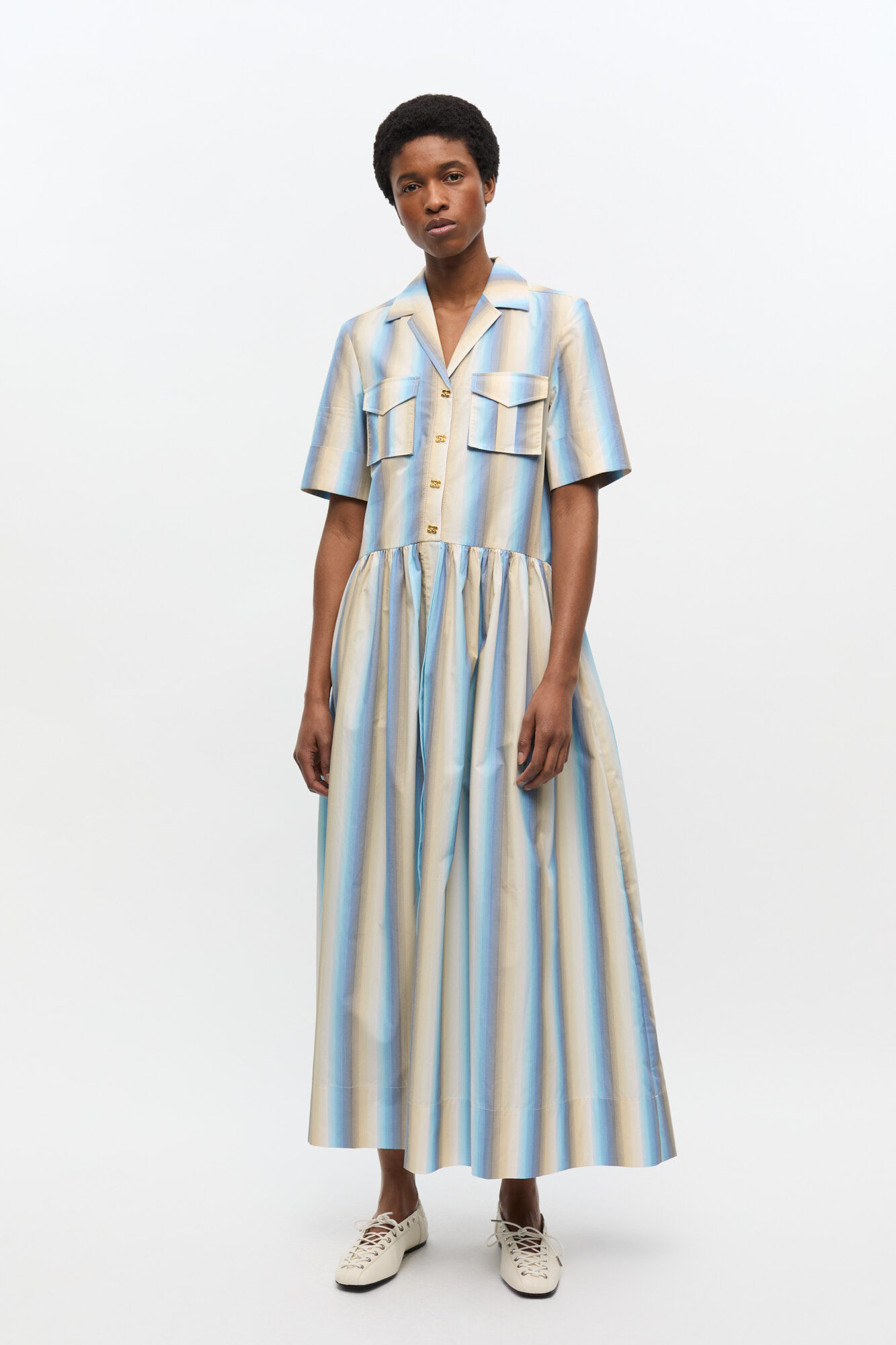 Ombre Striped Maxi Shirt Dress, Cotton, in colour Multicolour - 1 - GANNI