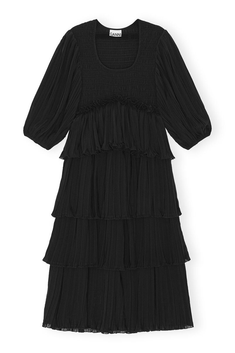 Black Pleated Georgette Flounce Smock Midi Dress, Recycled Polyester, in colour Black - 1 - GANNI