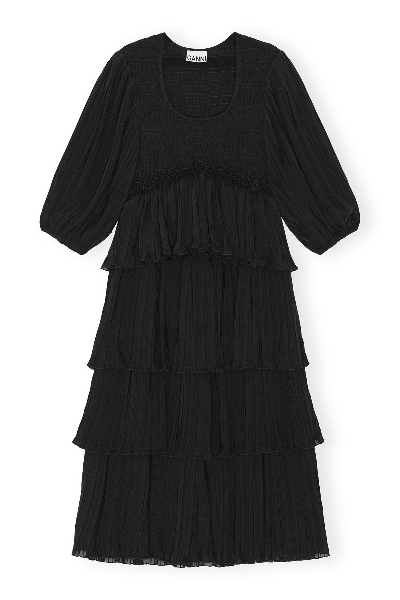 Black Pleated Georgette Flounce Smock Midi Dress, Recycled Polyester, in colour Black - 1 - GANNI