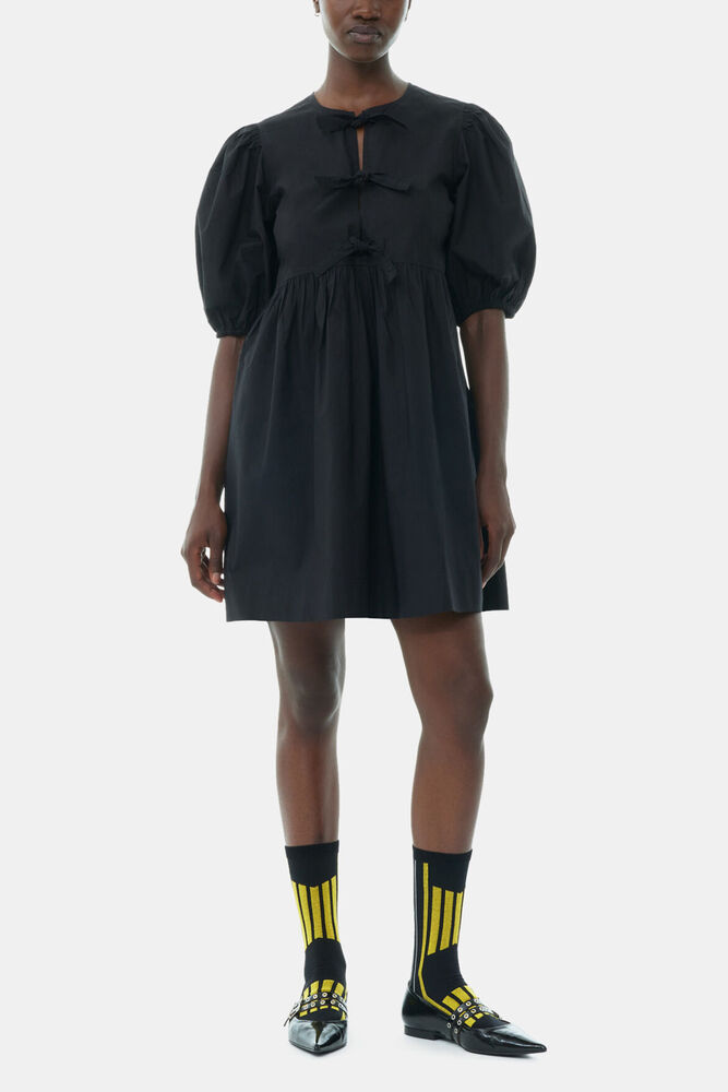 Robe mini en popeline de coton noire avec liens &agrave; nouer, Black