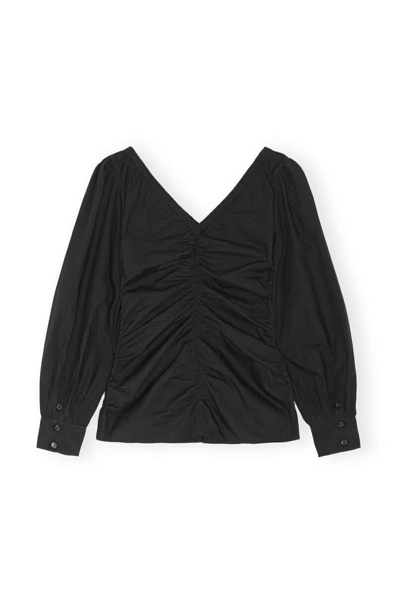 Cotton Poplin V-neck Blouse, Cotton, in colour Black - 2 - GANNI