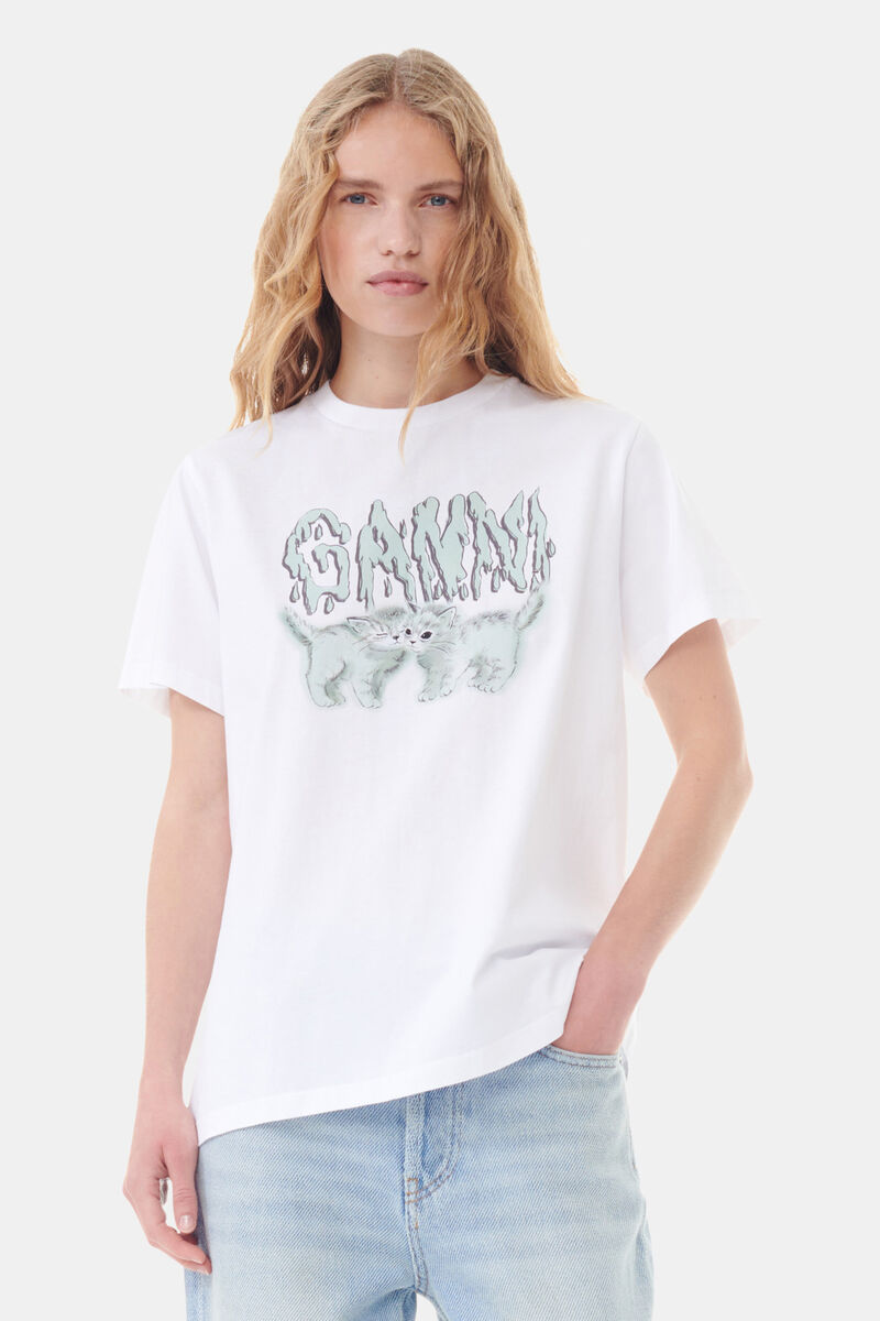 Basic Jersey Love Cats Relaxed T-shirt, Cotton, in colour Bright White - 1 - GANNI