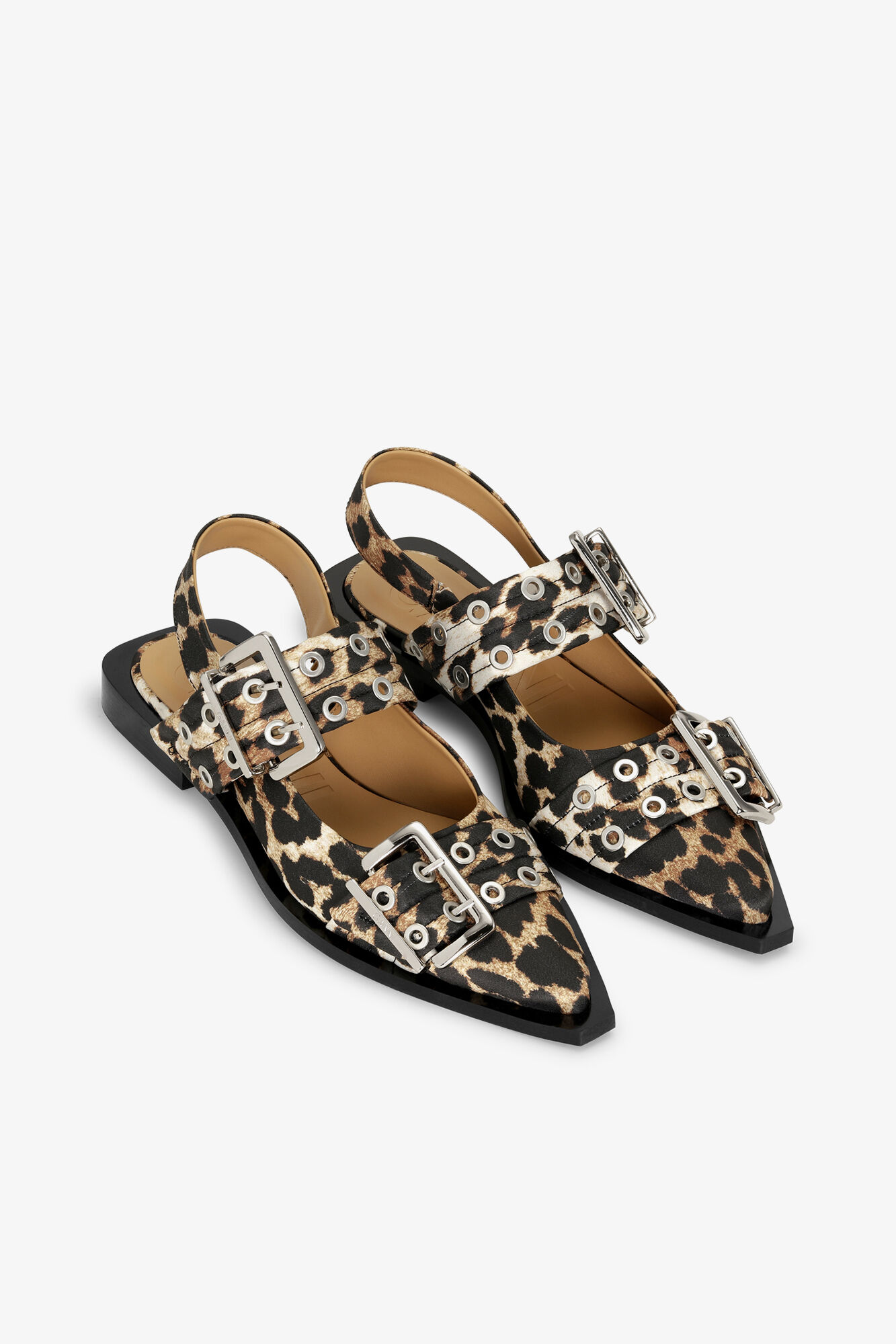 Feminine Buckle Ballerinas in Leopard Satin | GANNI US