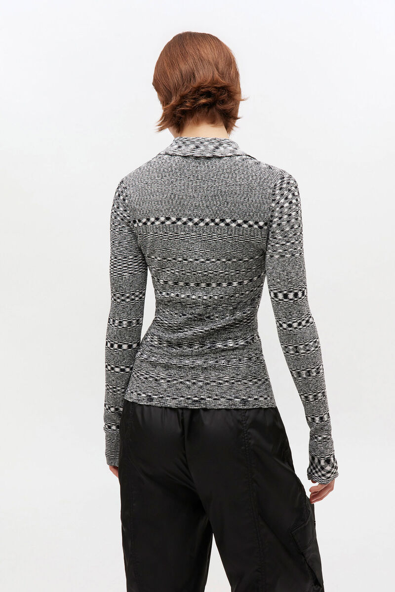 Grey Striped Knitted Polo Shirt, Polyamide, in colour Black - 3 - GANNI