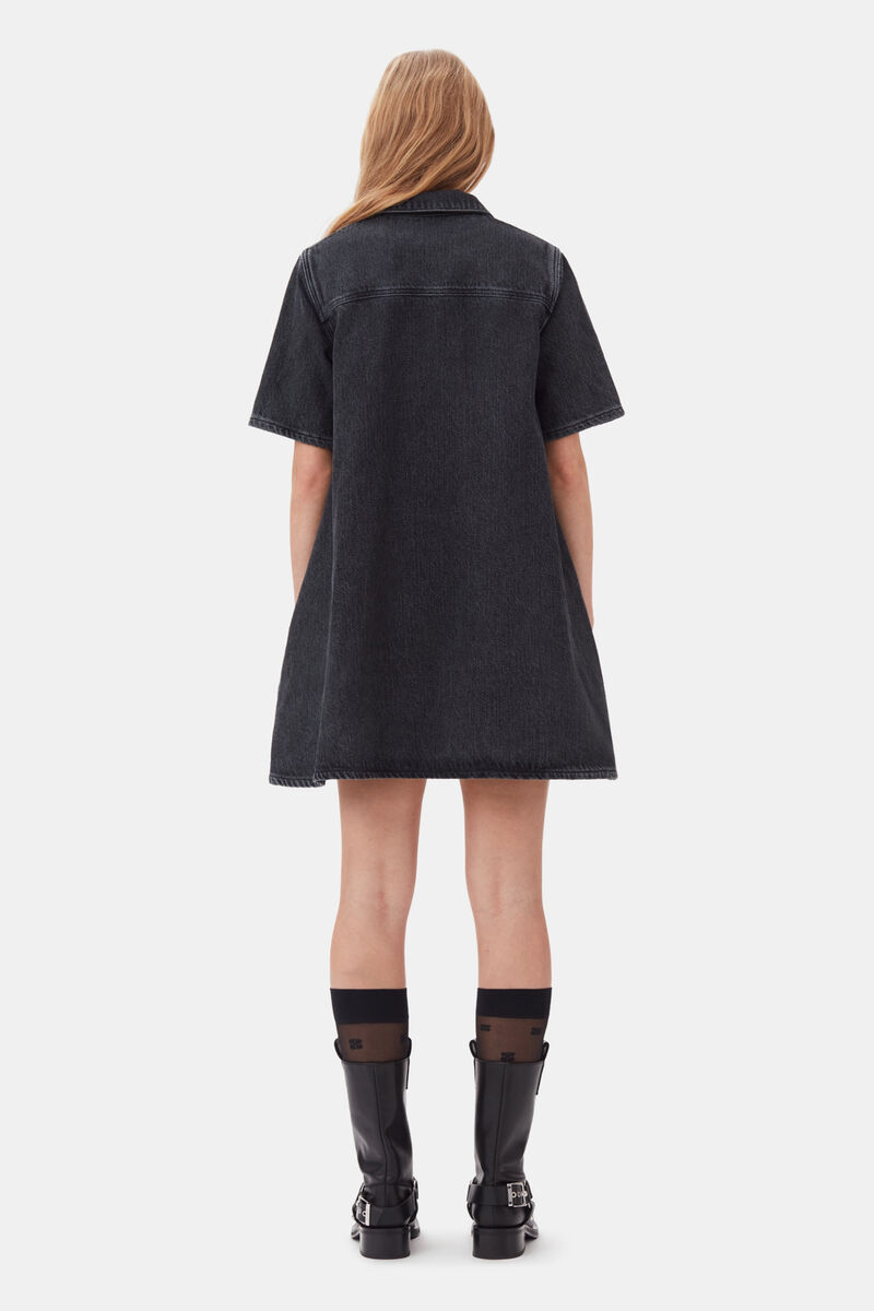 Washed Black Heavy Denim Mini Dress, Cotton, in colour Washed Black/Black - 4 - GANNI