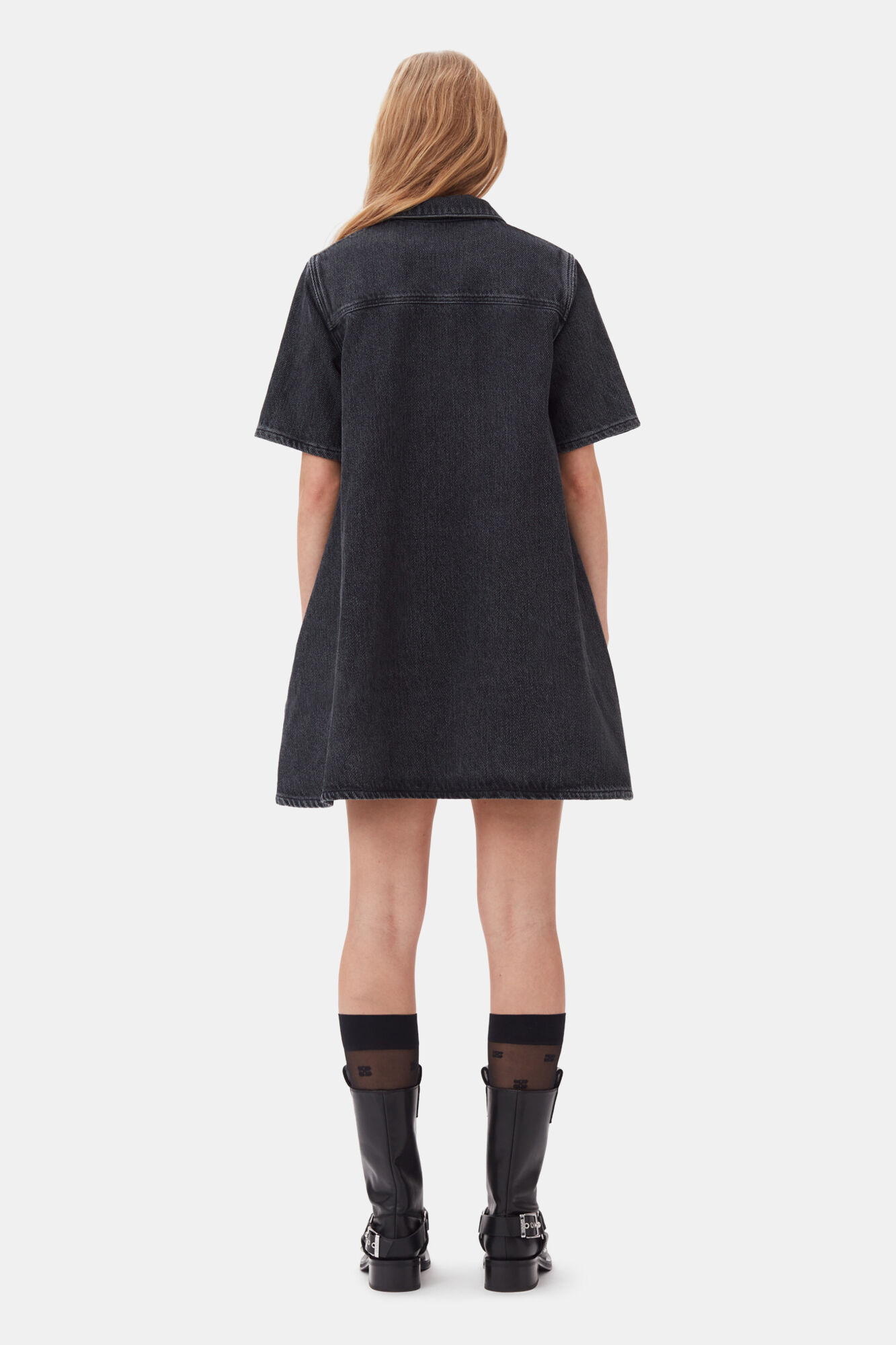Washed Black Heavy Denim Mini Dress, Cotton, in colour Washed Black/Black - 4 - GANNI