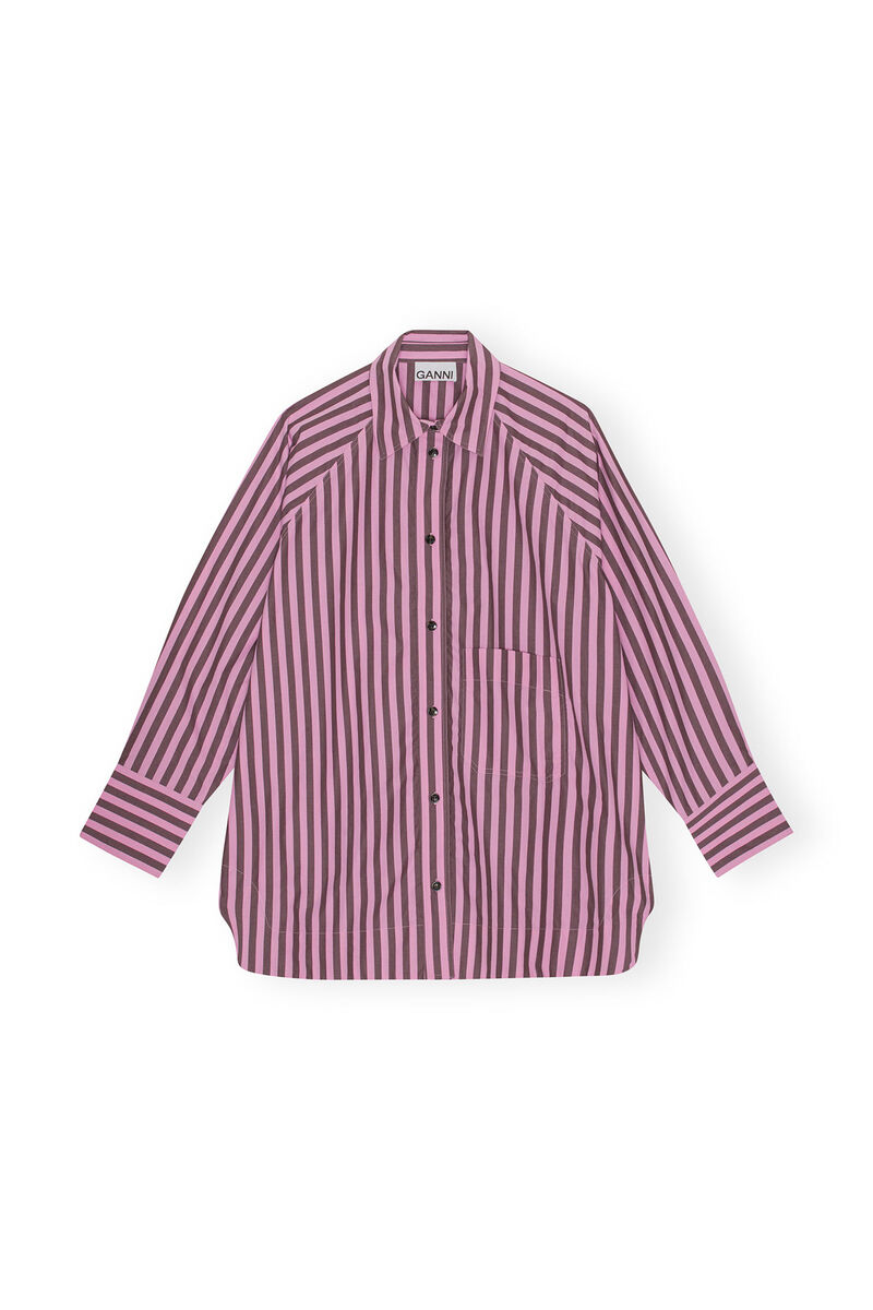 Striped Cotton Oversize Raglan Shirt, Cotton, in colour Bonbon - 1 - GANNI