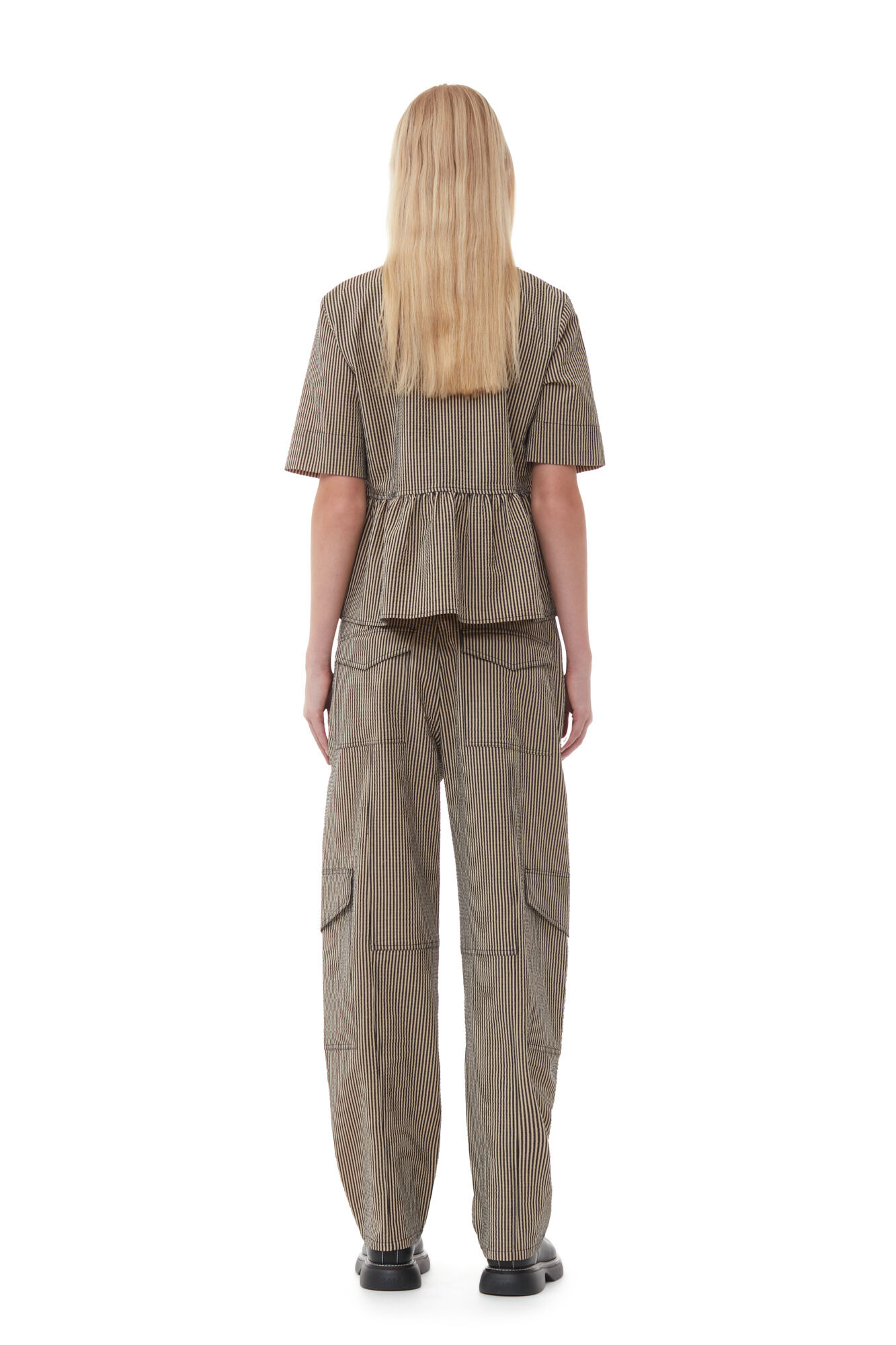 Seersucker Cargo Trousers, Cotton, in colour Irish Cream - 3 - GANNI