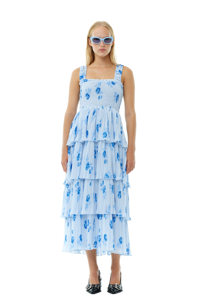 Heather Blue Pleated Georgette Flounce Smock Dress | GANNI FR