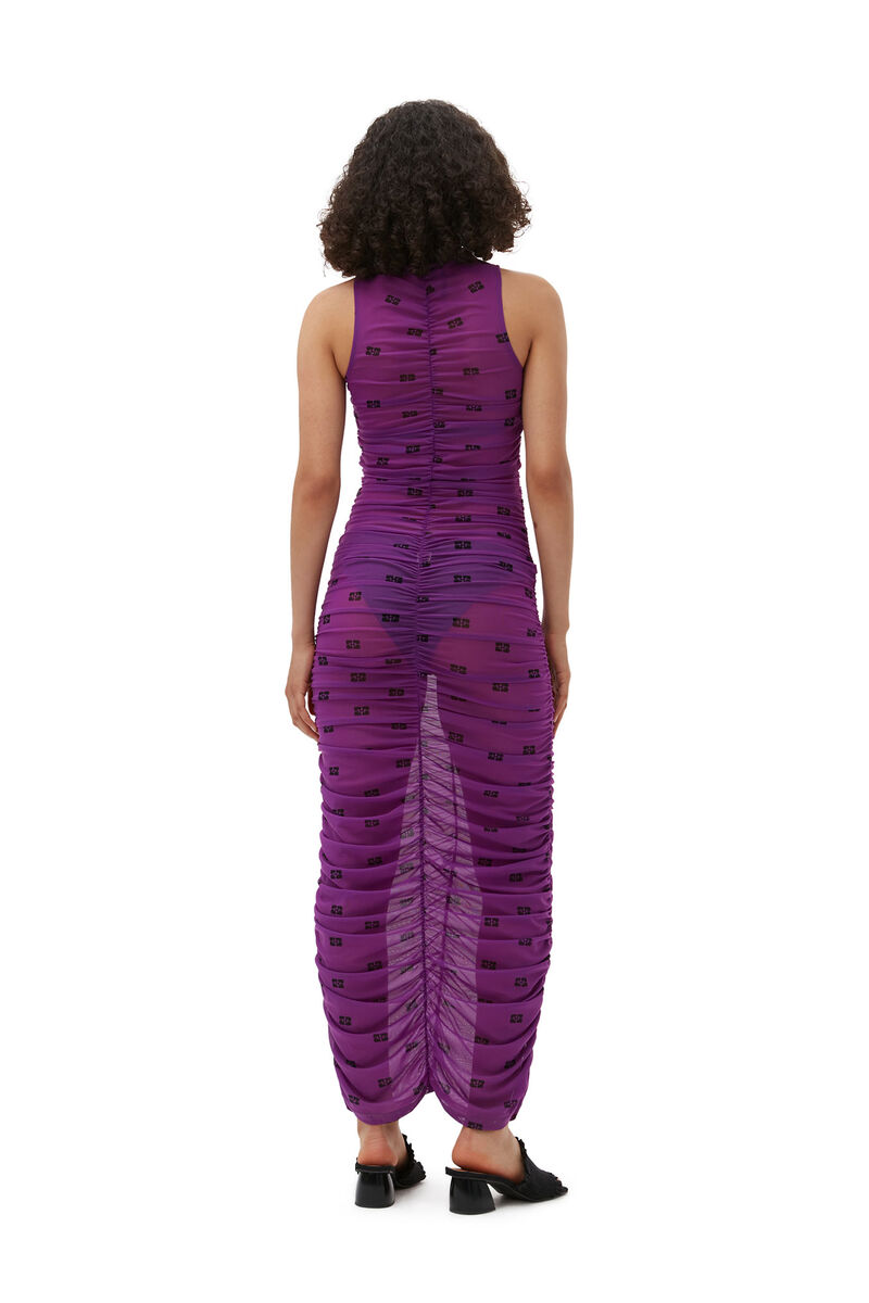 Printed Mesh Ruched Sleeveless Long Dress, Elastane, in colour Sparkling Grape - 4 - GANNI