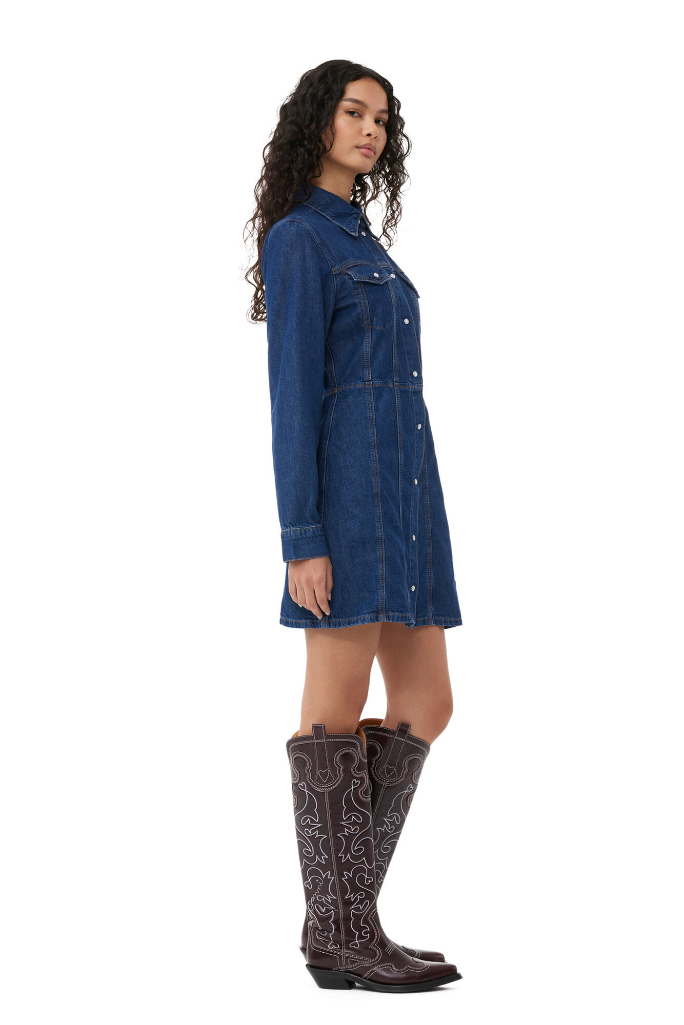 Re-Cut Denim Mini Dress, Lyocell, in colour Mid Blue Stone - 3 - GANNI