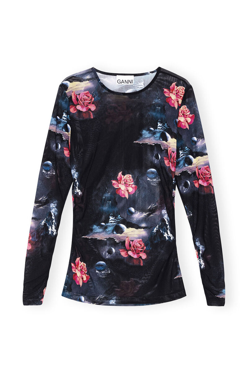 Black Printed Mesh Long Sleeve Gathered Bluse | GANNI DE 