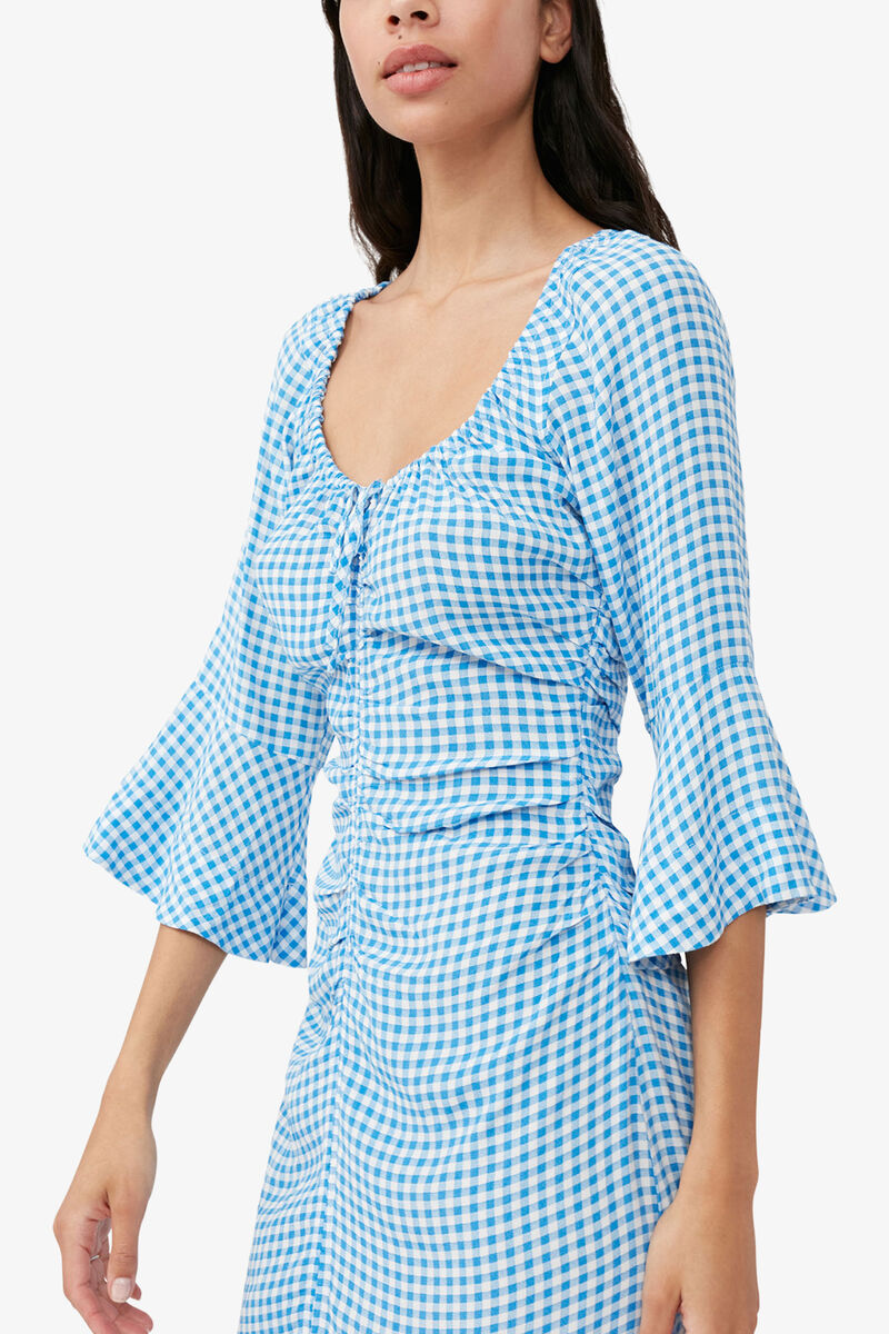 Printed Crepe Gathered U-neck Midi Dress, Viscose, in colour Strong Blue - 5 - GANNI