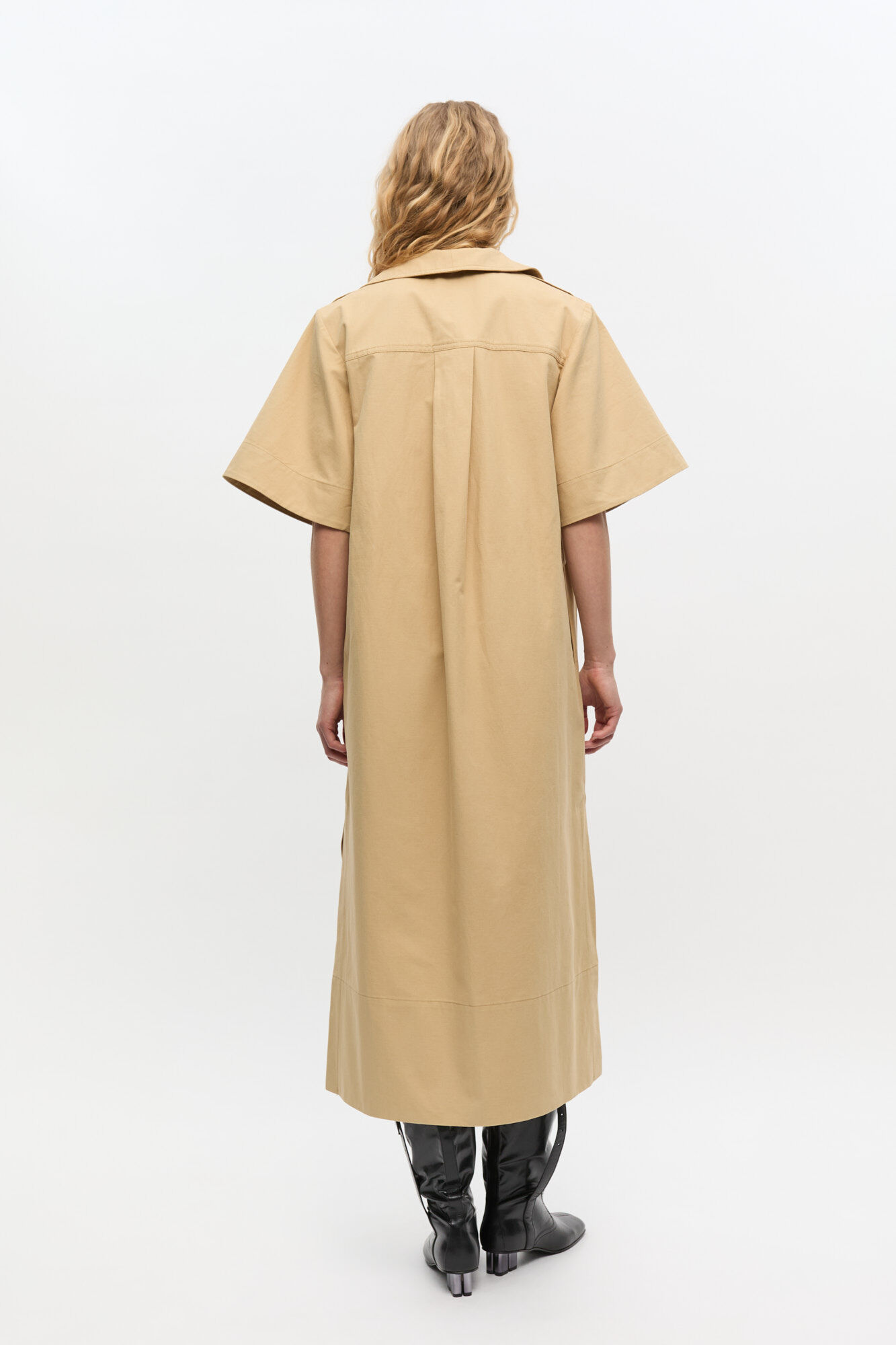 Beige Stretch Cotton Dress, Linen, in colour Pale Khaki - 2 - GANNI