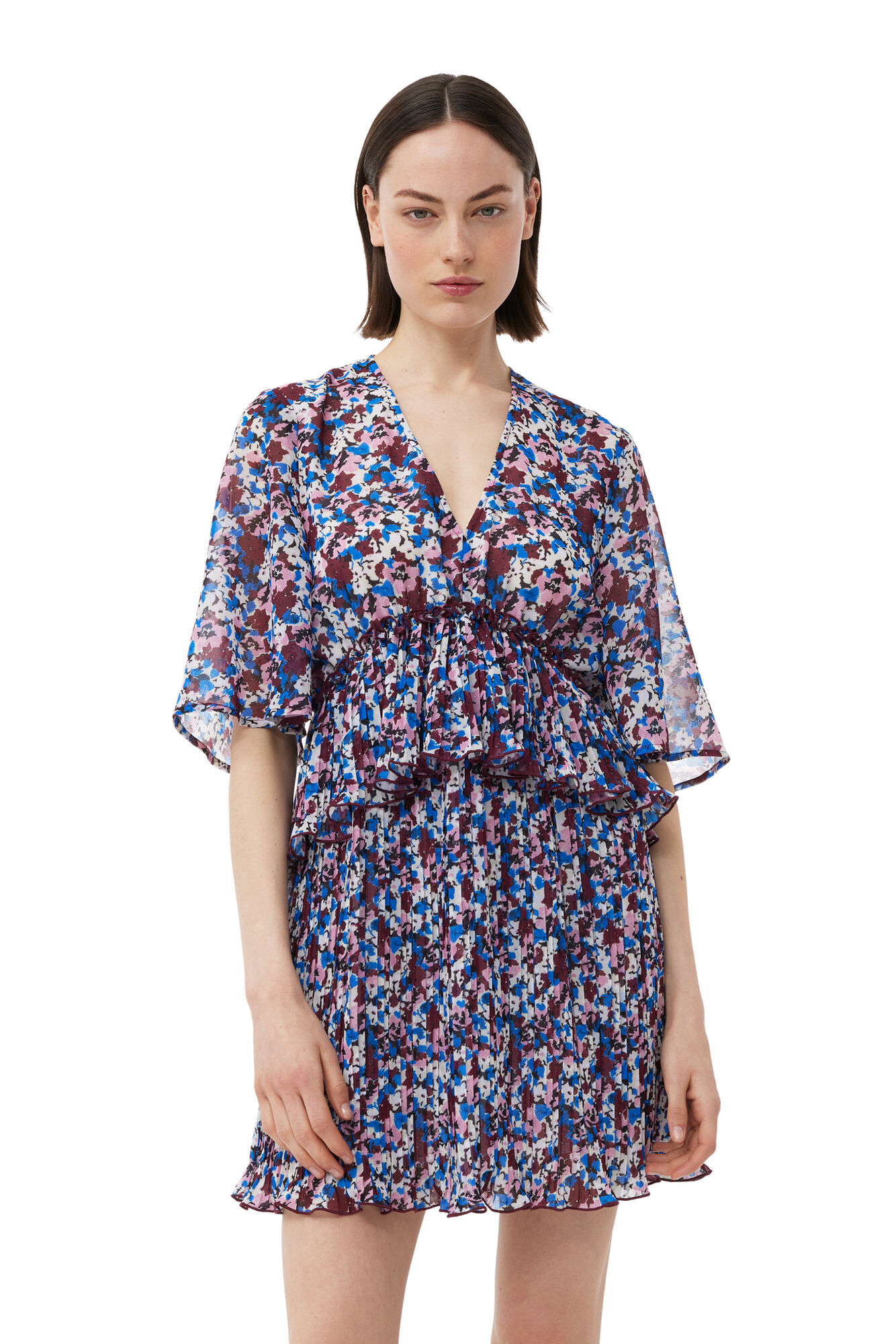 Multicolour Pleated Georgette V-neck Flounce Mini Dress, Recycled Polyester, in colour Multicolour - 4 - GANNI