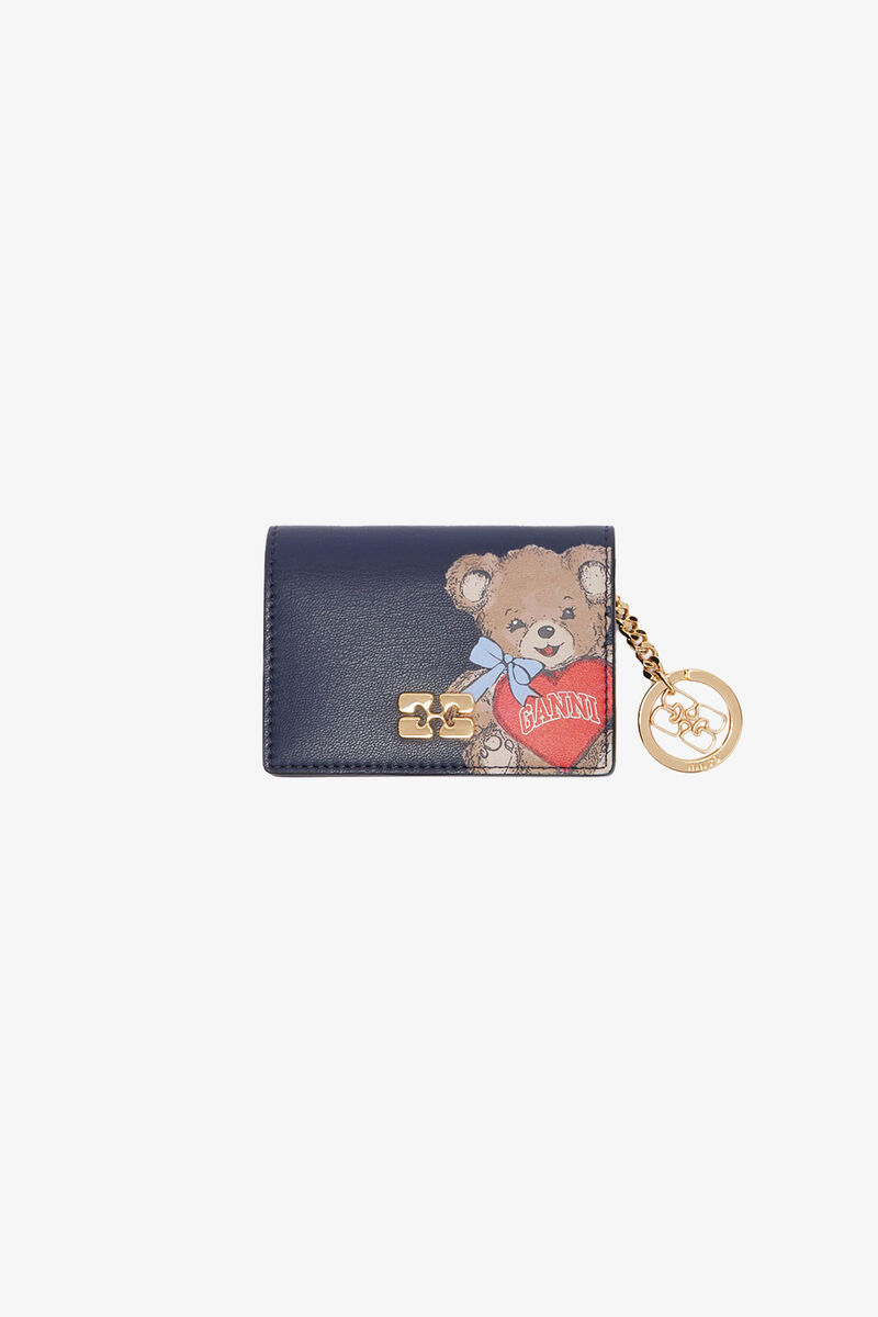 Bou Card Holder With Flap and Bear, Recycled Leather, in colour Black/Iris - 1 - GANNI