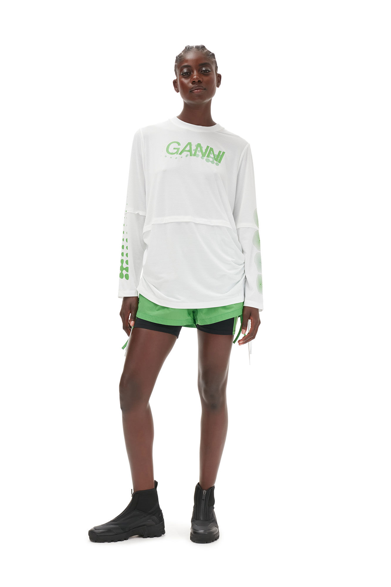 Active Mesh Layered Long Sleeve T-shirt, Elastane, in colour Bright White - 2 - GANNI