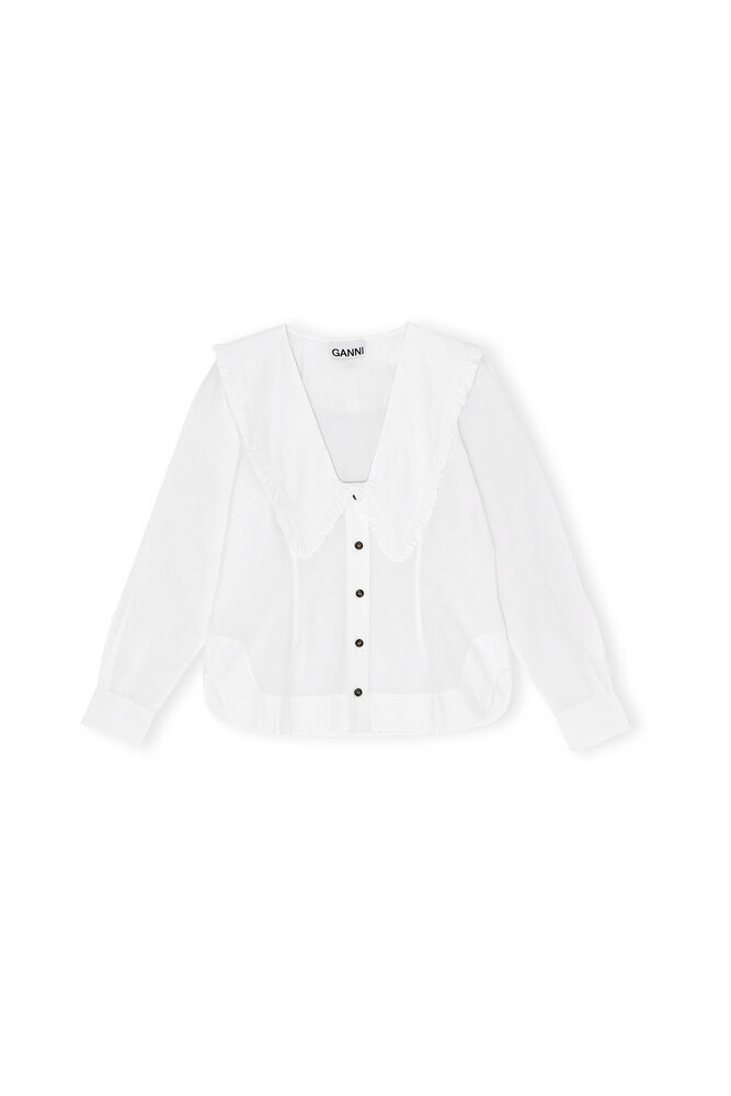 Cotton Poplin Frill Skjorta, Bright White