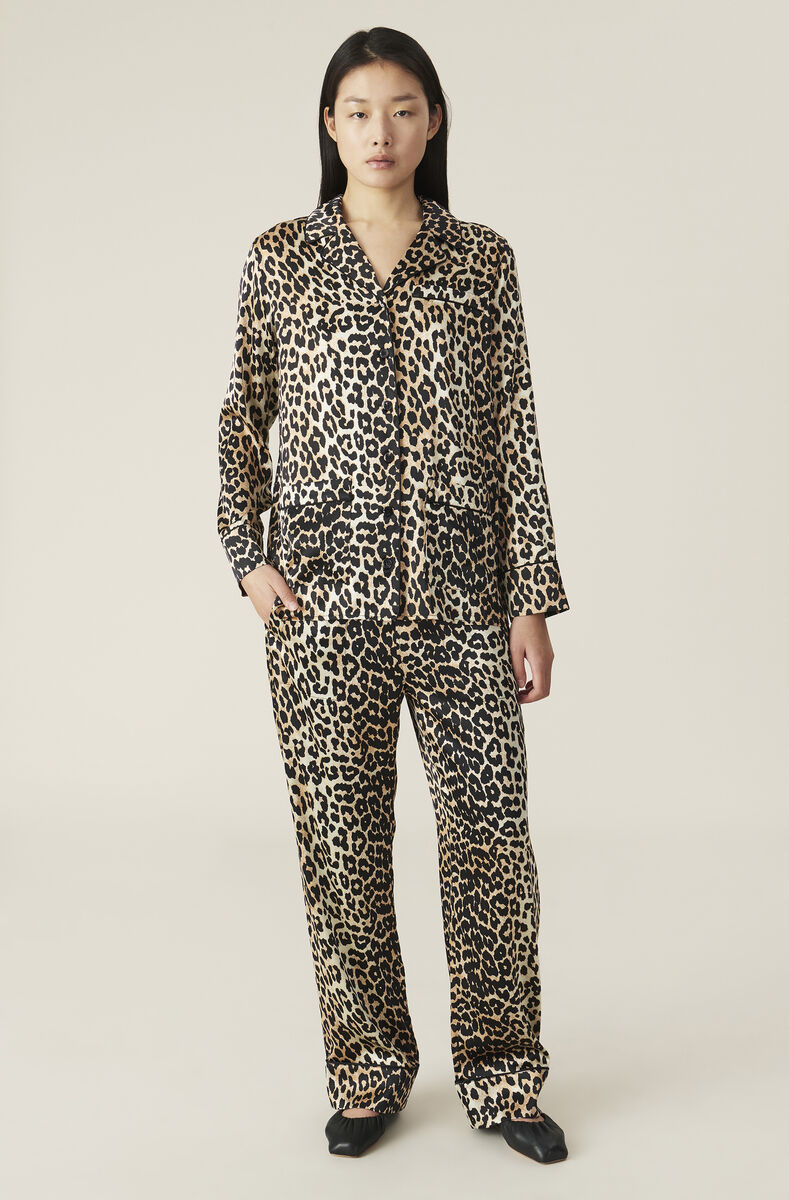 Silk Stretch Satin Shirt, Satin, in colour Leopard - 2 - GANNI