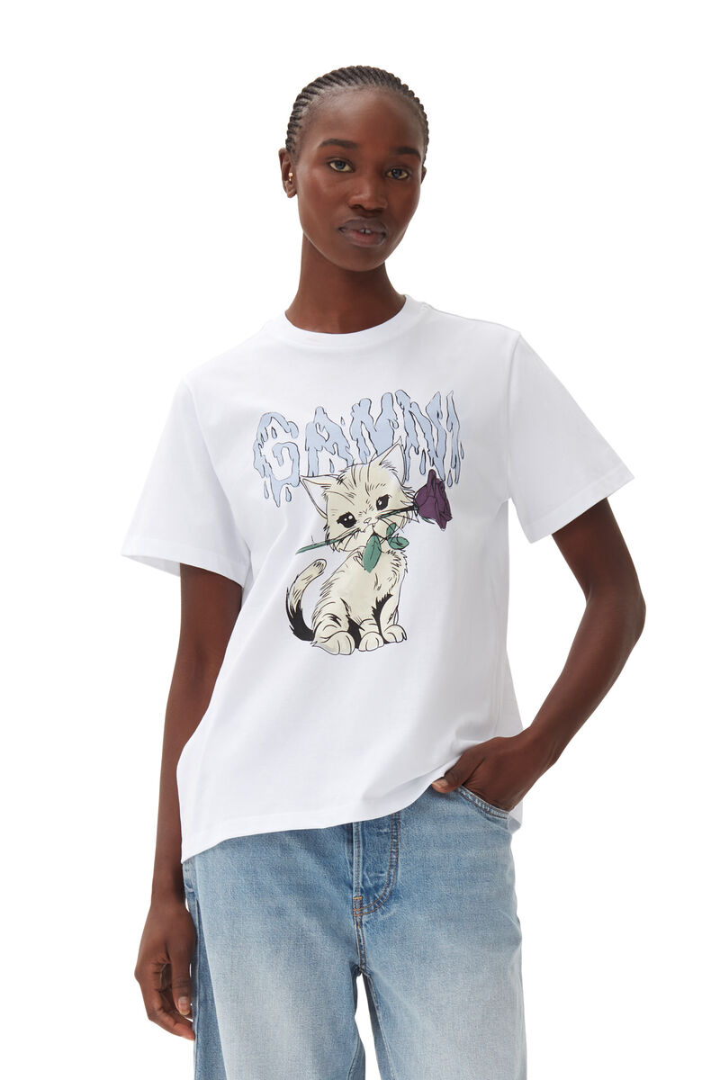 Relaxed Cat T-skjorte, Cotton, in colour Bright White - 1 - GANNI
