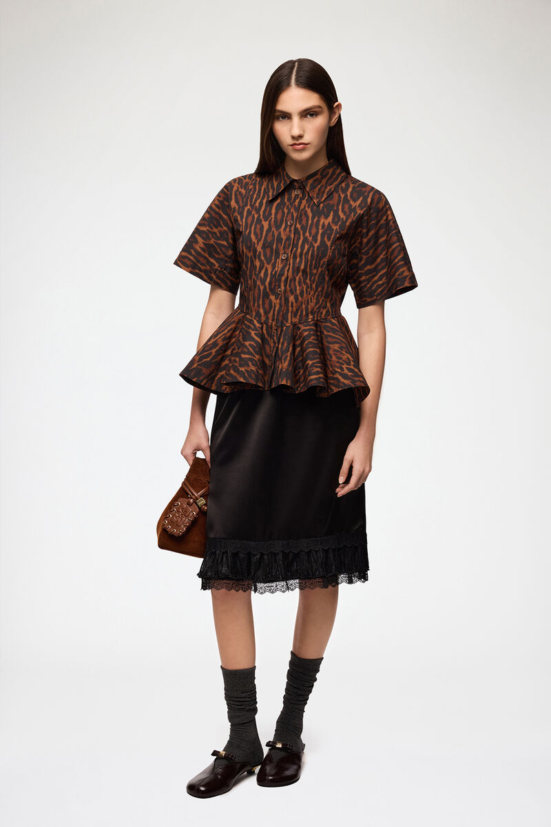 Shirt in Leopard Cotton, Organic Cotton, in colour Rawhide - 2 - GANNI