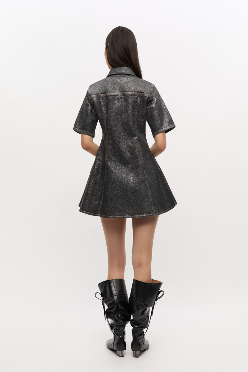 Shimmery Foil Denim Mini Dress, Cotton, in colour Washed Black/Black - 2 - GANNI