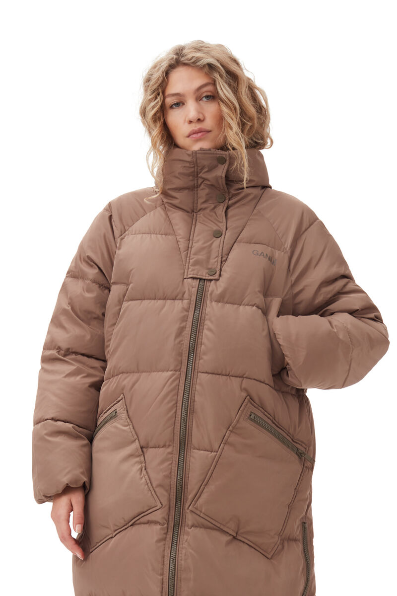 Oversized Tech Puffer Frakke, Recycled Polyester, in colour Fossil - 2 - GANNI