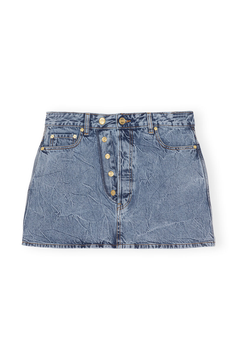 Crinkle Denim Mini Skirt, Cotton, in colour Mid Blue Stone - 1 - GANNI