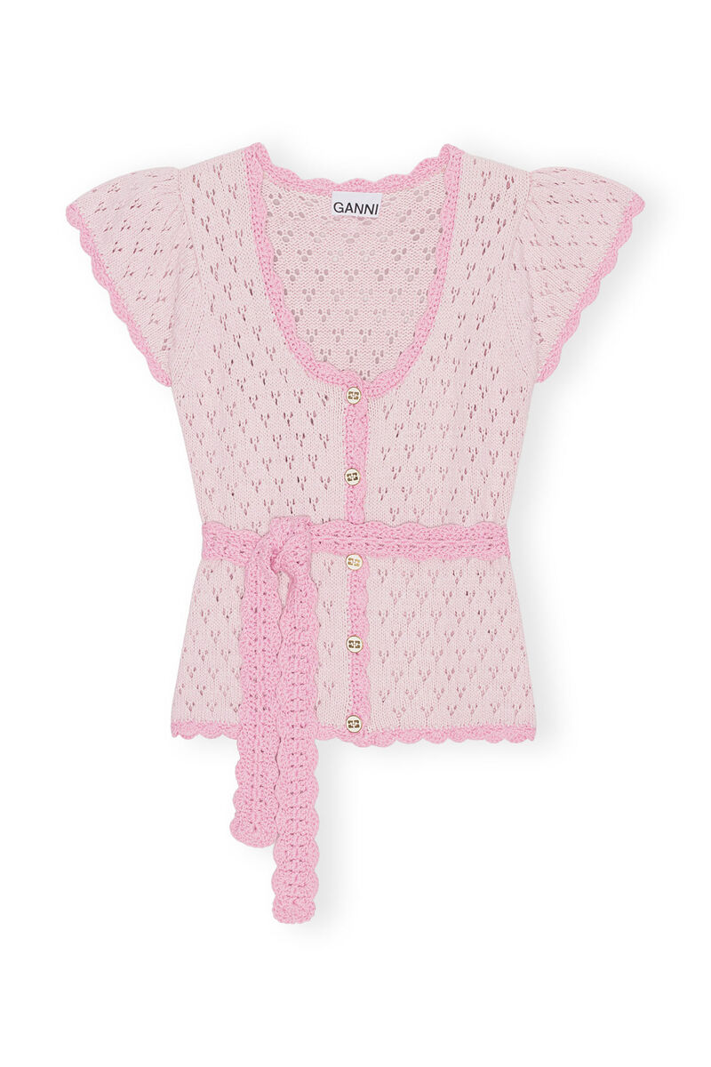 Lace Short Sleeve Cardigan, Cotton, in colour Pink Tulle - 1 - GANNI