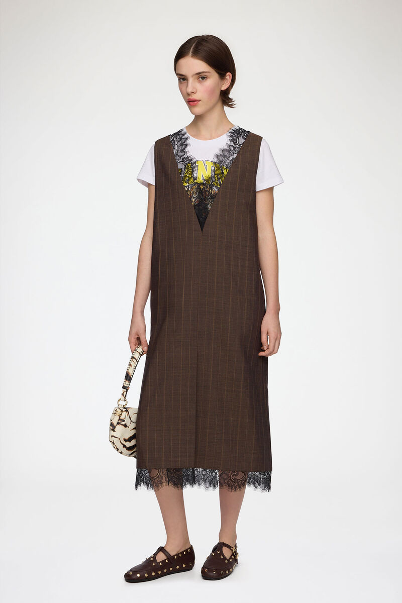 Dress in Brown Pinstripe Wool, Wool, in colour Rain Drum - 1 - GANNI