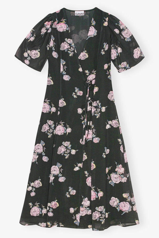 Black Floral Crepe Wrap Midi Dress, Climbing Ivy