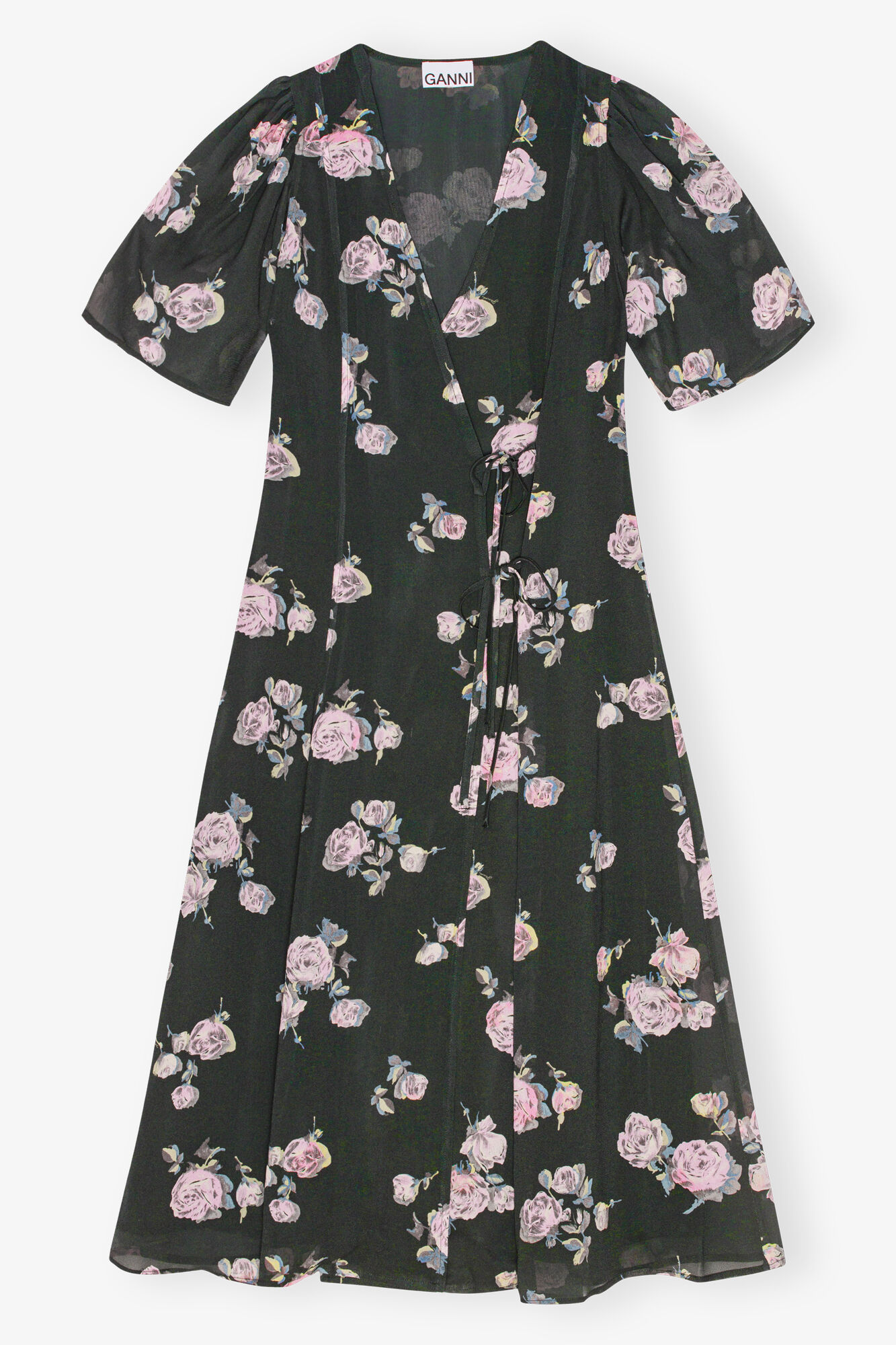 Black Floral Crepe Wrap Midi Dress, Viscose, in colour Climbing Ivy - 1 - GANNI