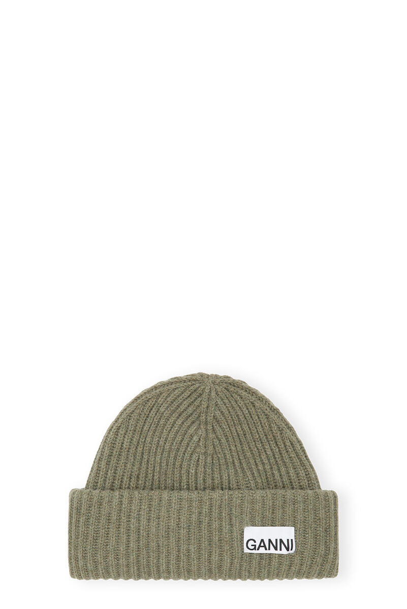 Wool Beanie, Recycled Polyamide, in colour Dusty Olive - 1 - GANNI