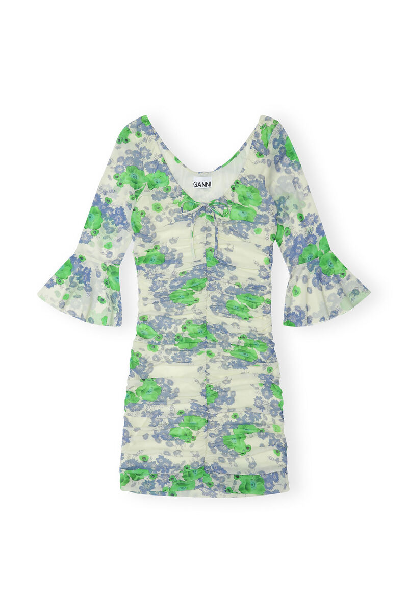 Printed Mesh U-neck Ruched Mini Dress, Recycled Nylon, in colour Egret - 1 - GANNI