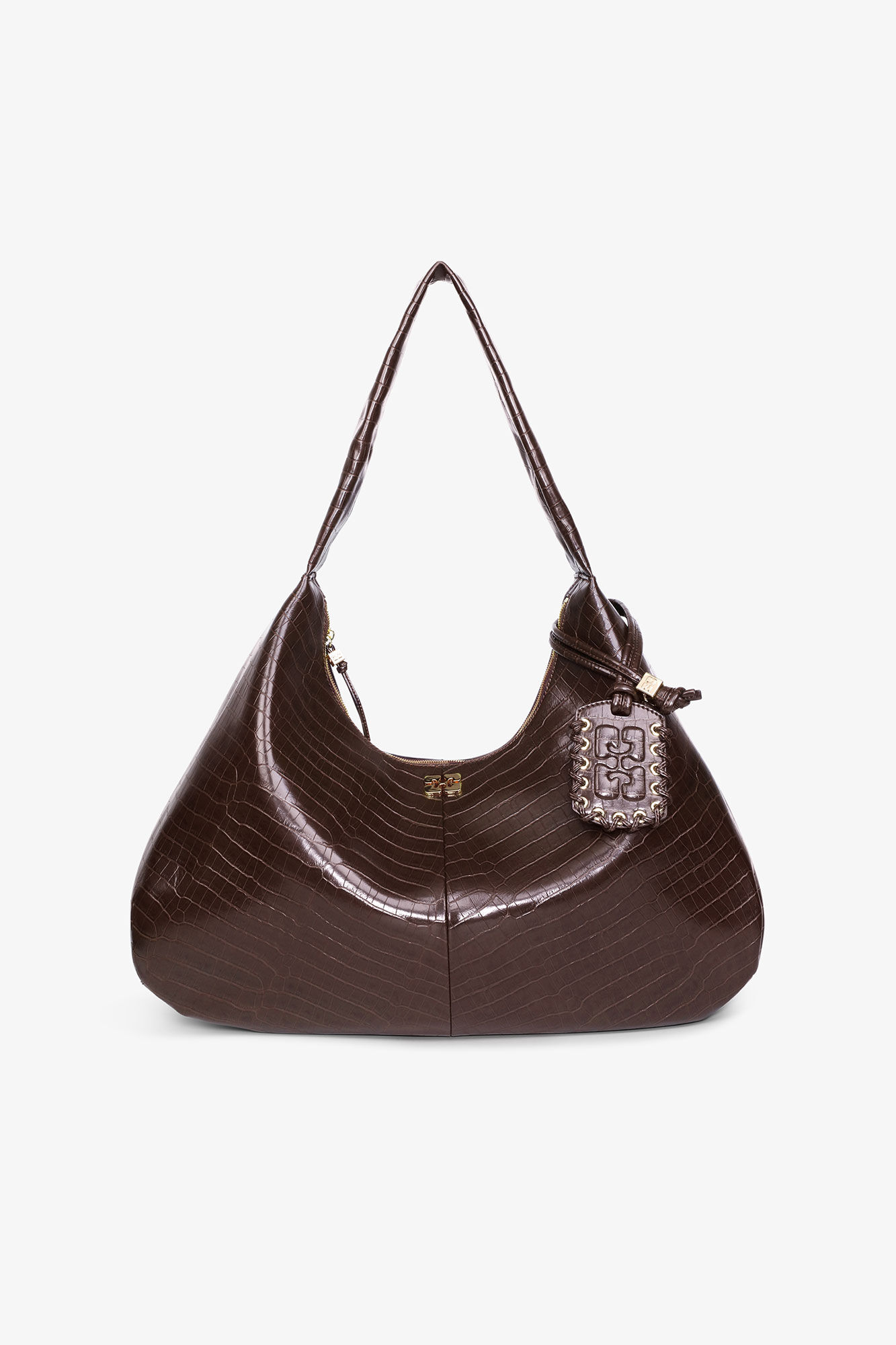 Sac Hobo XXL croco marron, Lyocell, in colour Chocolate Fondant - 1 - GANNI