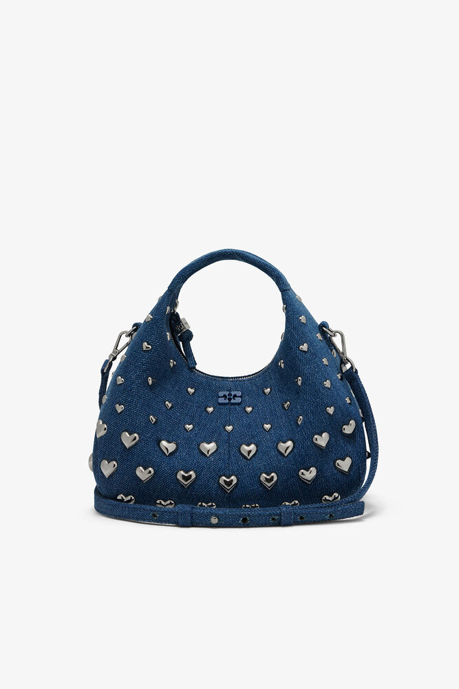 Denim Stud Mini Hobo Bag, Navy Peony