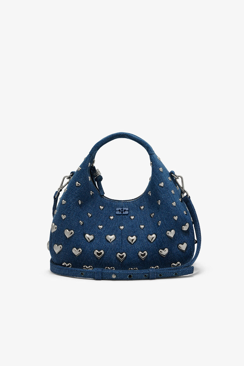 Denim Stud Mini Hobo Bag, Recycled Cotton, in colour Navy Peony - 1 - GANNI