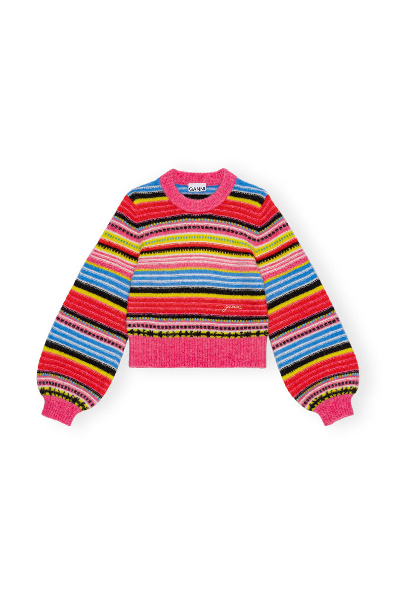 Striped Soft Wool O-neck Pullover, Alpaca, in colour Multicolour - 1 - GANNI