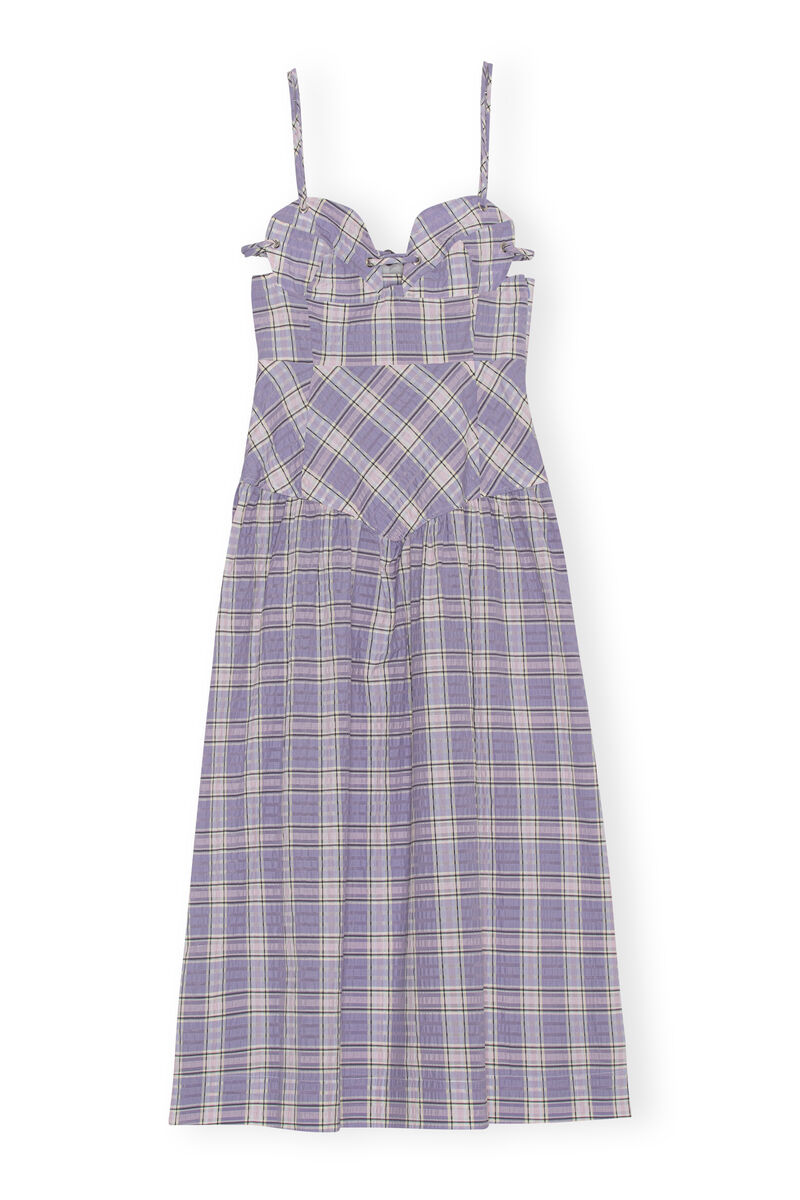 Seersucker Midi Dress, Organic Cotton, in colour Check Persian Violet - 1 - GANNI
