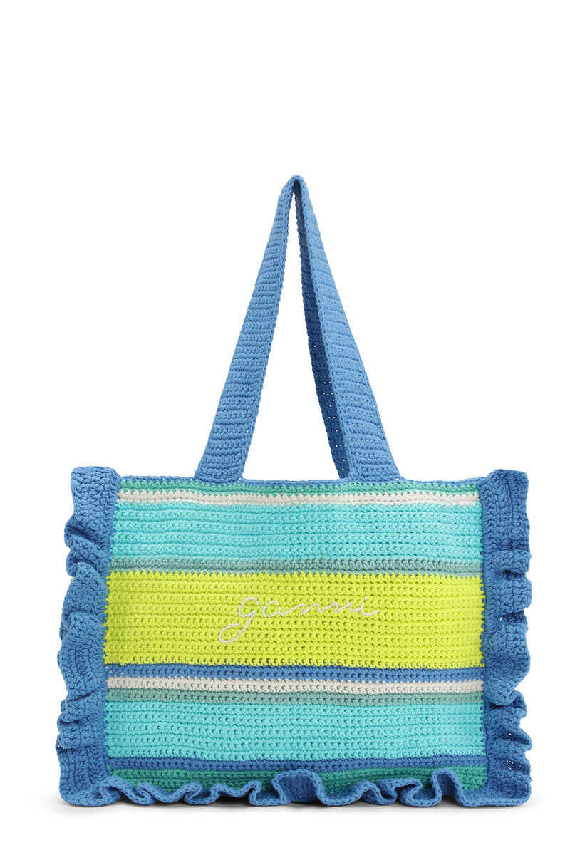 Blue Crochet Frill Tote Bag, Cotton, in colour Blue Curacao - 1 - GANNI