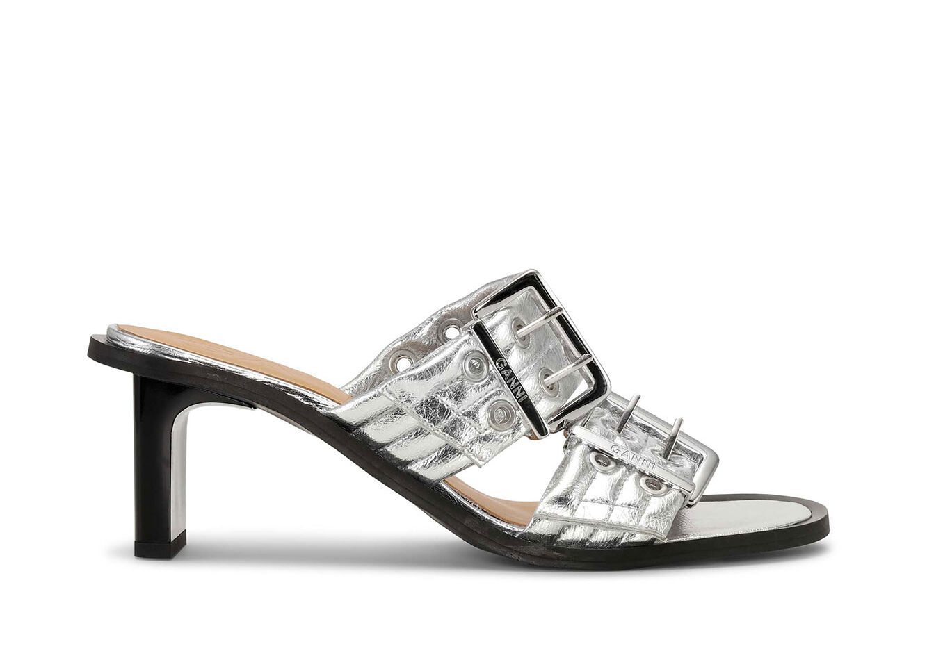 White Feminine Buckle Heeled Mule Sandals, in colour Silver - 1 - GANNI